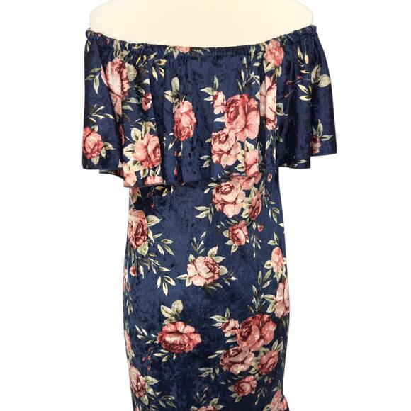 LuLaRoe Cici Crushed Velvet Midi Dress Sz M Navy Floral Off Shoulder Ruffle NWT - Picture 7 of 15